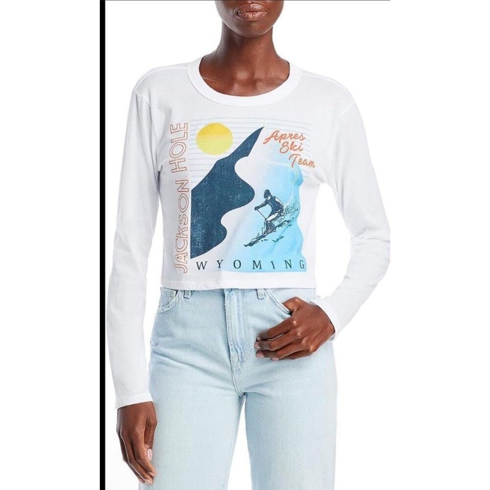 CHASER Womens Crop T-Shirt Long Sleeve White Jackson Hole Ski Sz M NWT $82